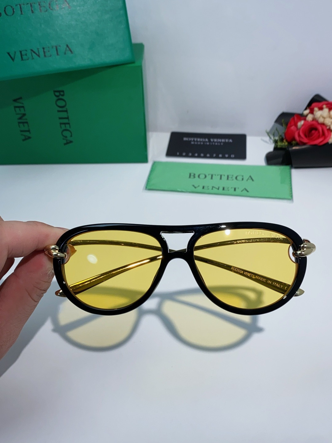 Bottega Veneta BV1418S Sunglasses Black Frame Yellow Lenses 58-15-145