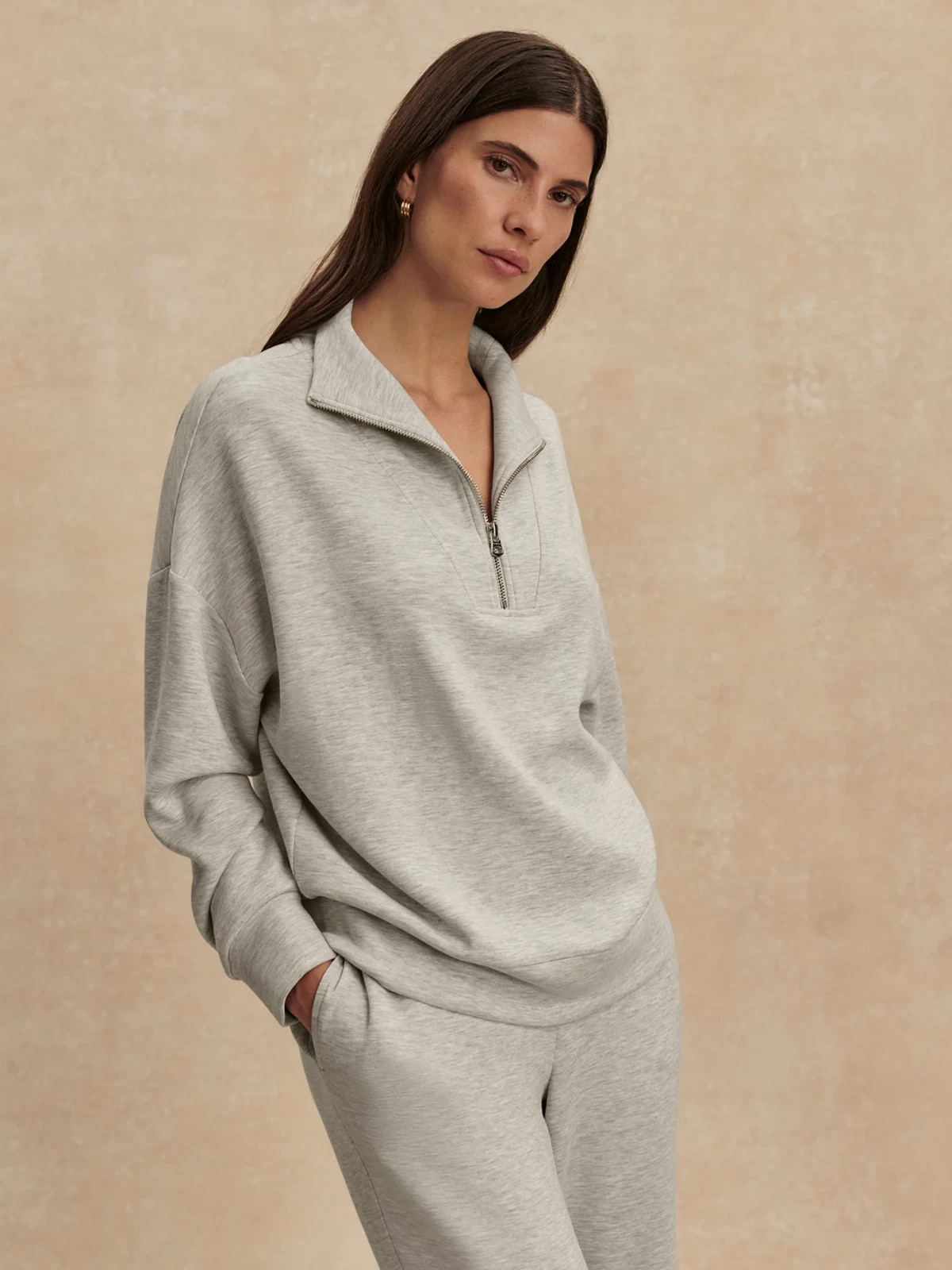 Varley Hawley Half-Zip Sweat in Light Grey Marl, Size X-Small