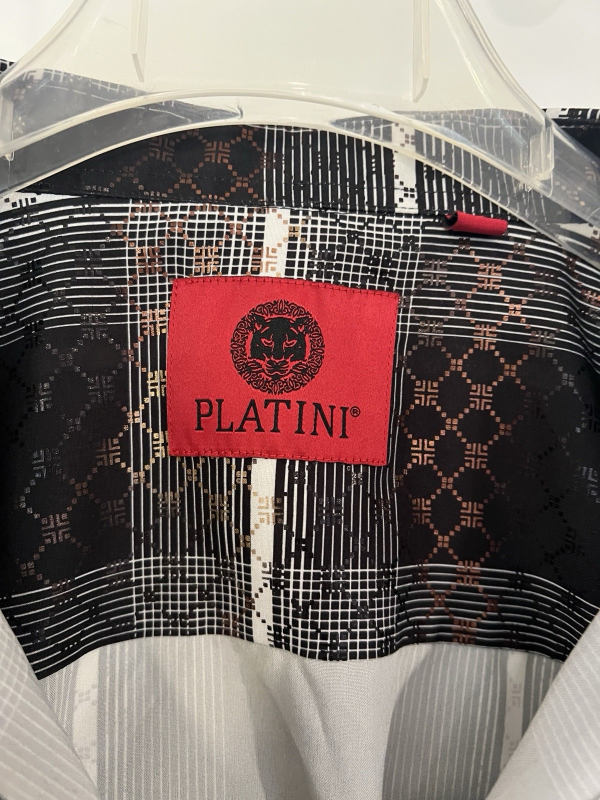 Platini Men’s 2XL Check Button-Up Shirt Long Sleeve Stretch Black White Gold
