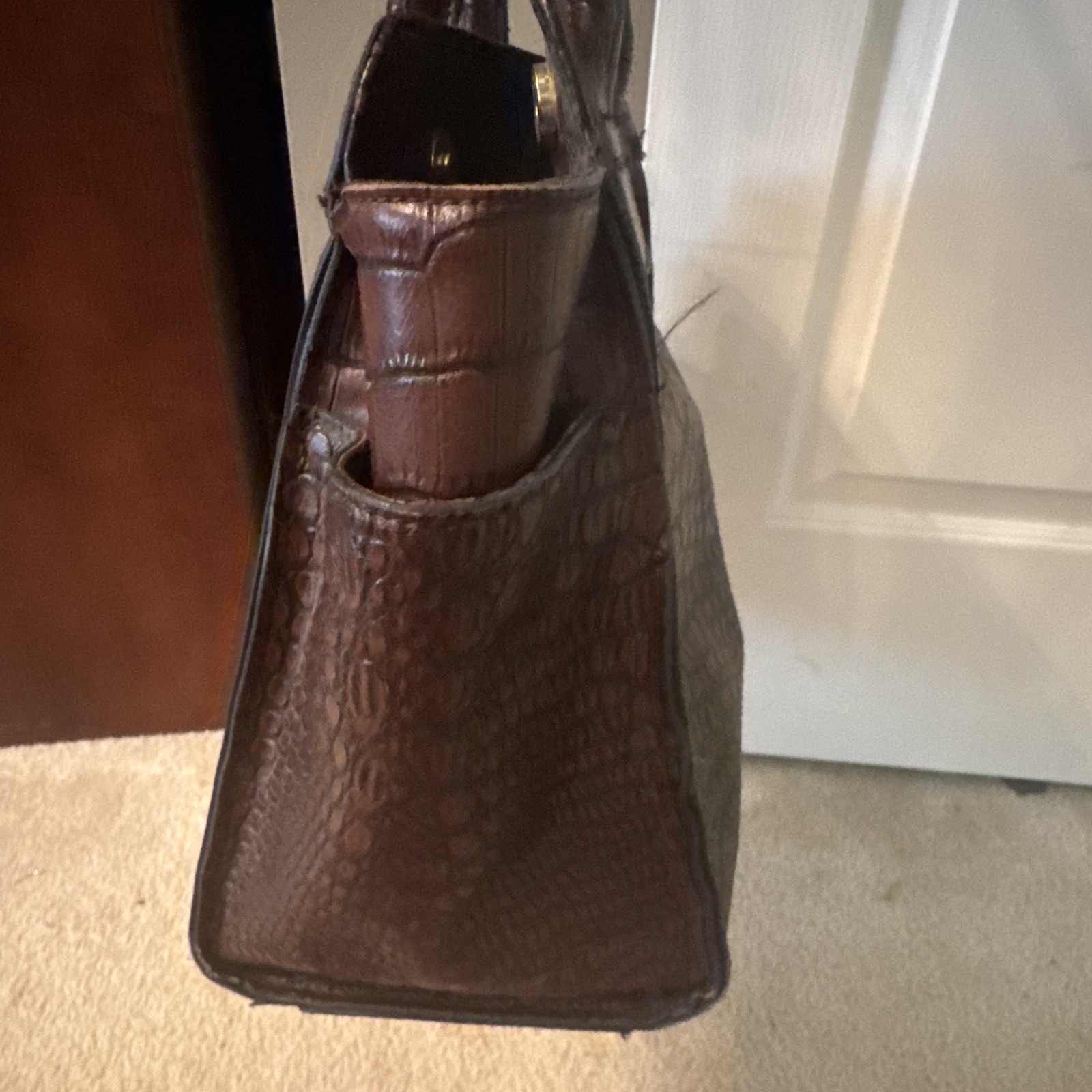 Brown Croc-Embossed Large Satchel Top Handle Bag, Zip Closure, Outer Pockets