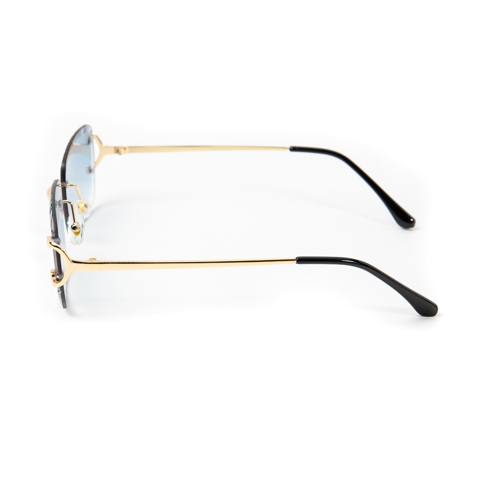 Men’s Gem Cut Blue Tint Gold Frame Hip Hop Rimless Luxury Rectangle Sunglasses
