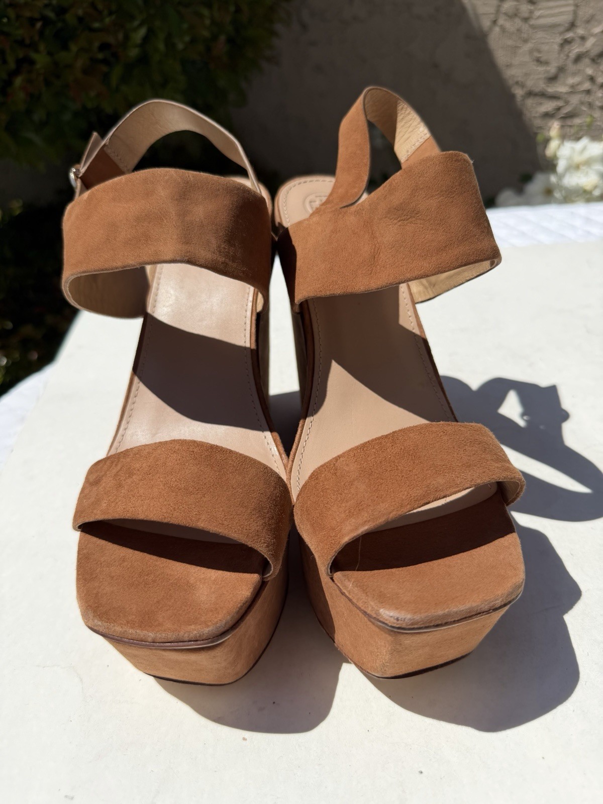 Tory Burch Loretta 120mm Lancaster Cuoio Brown Suede Platform Wedge Sandals 11 M