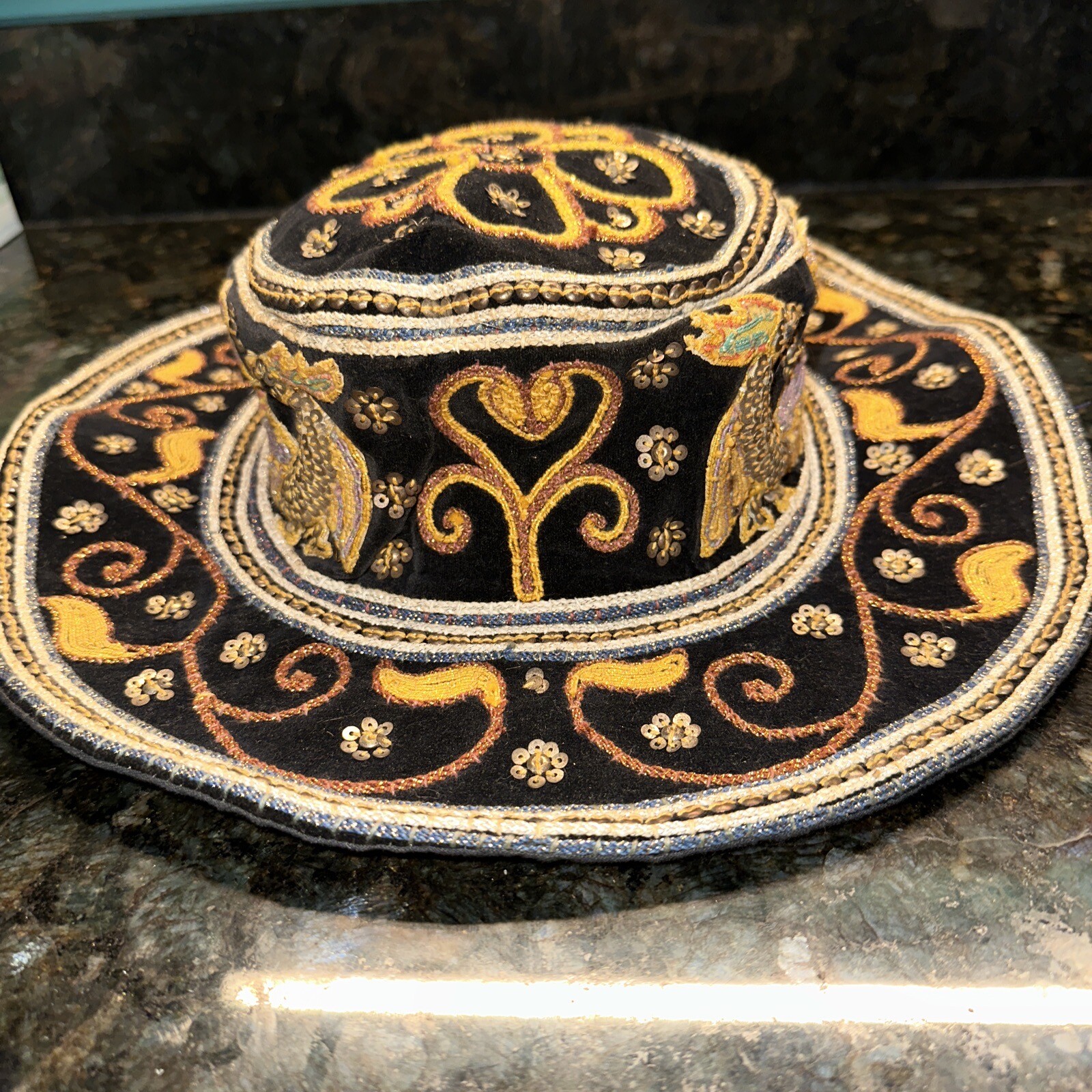Vintage Myanmar Burmese Burma Kalaga Floppy Boho Hat Phoenix Sequins Embroidery