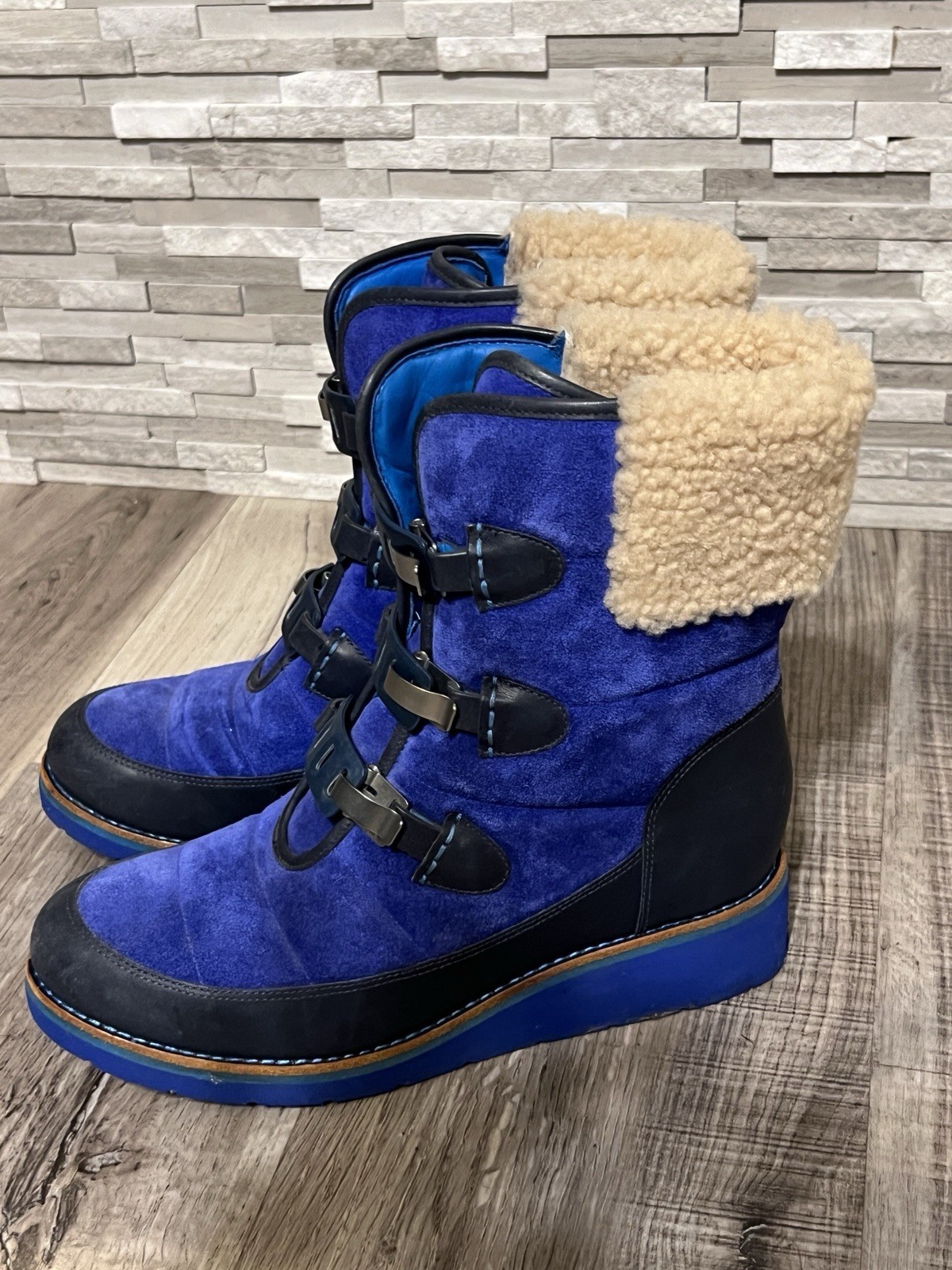 COLE HAAN Lania Air Suede Waterproof Snow Boots Black Blue 7.5 Women’s
