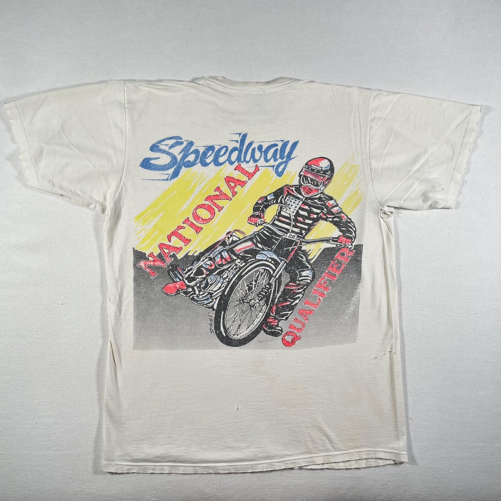 Vintage Speedway Racing Shirt Mens Large White Auburn Qualifier Signed 80s