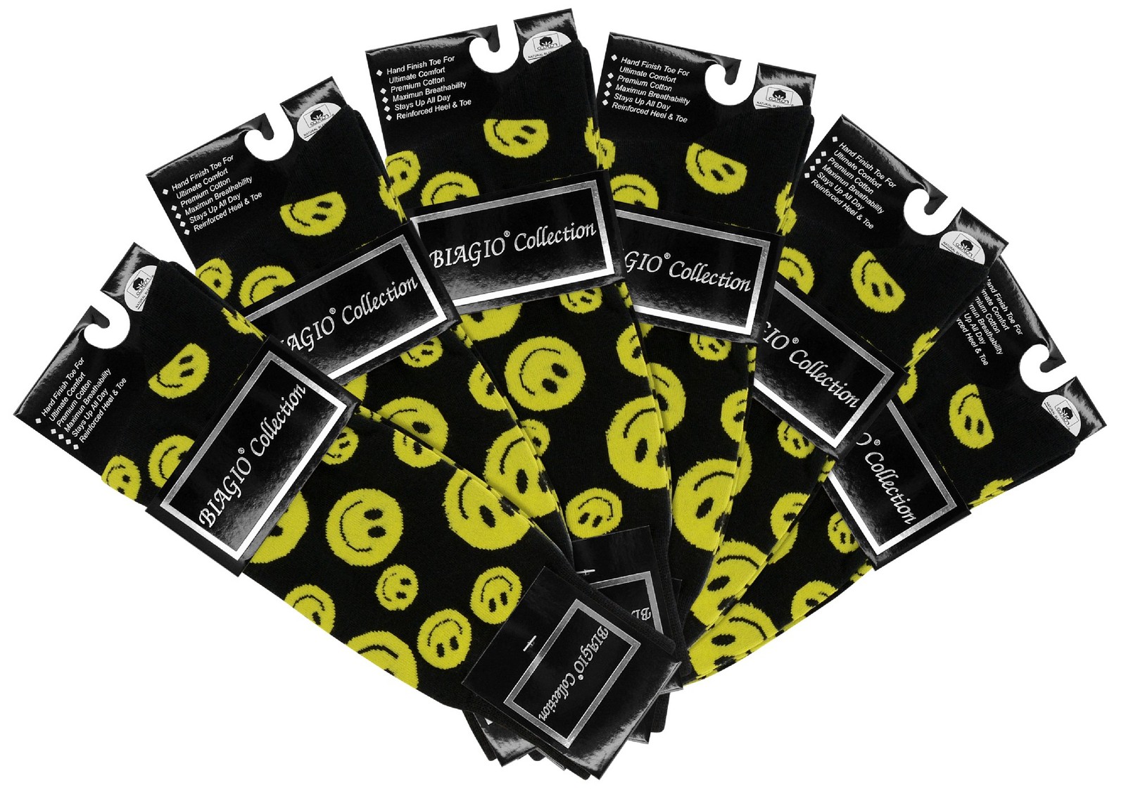6 Pair of Biagio Men’s YELLOW SMILEY FACE Happy Faces Mens COTTON Dress SOCKS