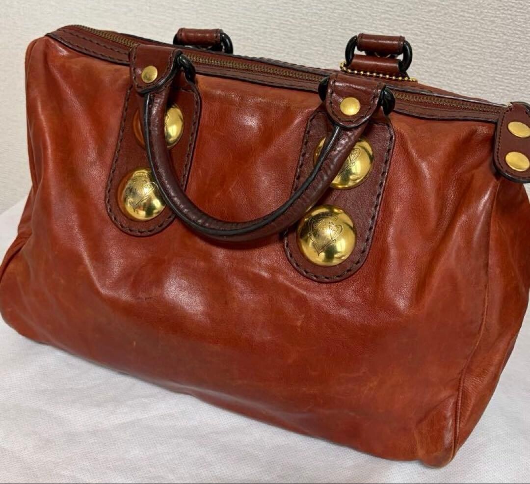 GUCCI Red Leather Boston Bag Vintage Studded Heart Charm Womens Handbag 71