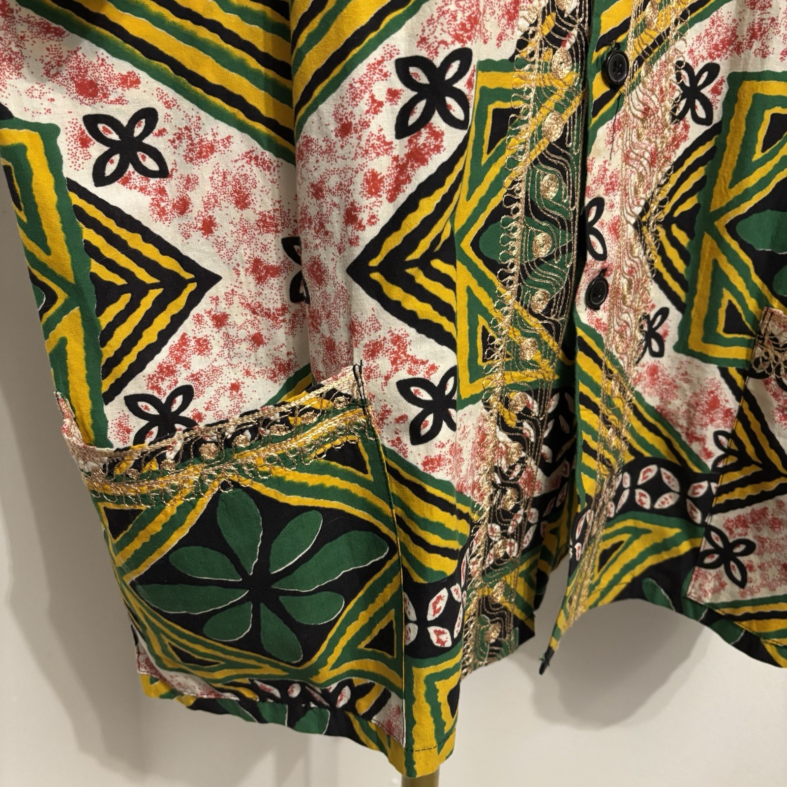 Vtg 90s Charles Smith Kenya 100% Cotton Embroidered Tunic Shirt Pockets L