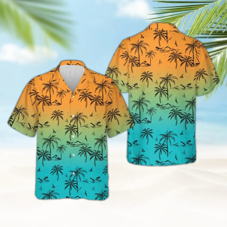 Palm Tree Hawaiian Shirt Gradient Sunset Beach Button Up #2