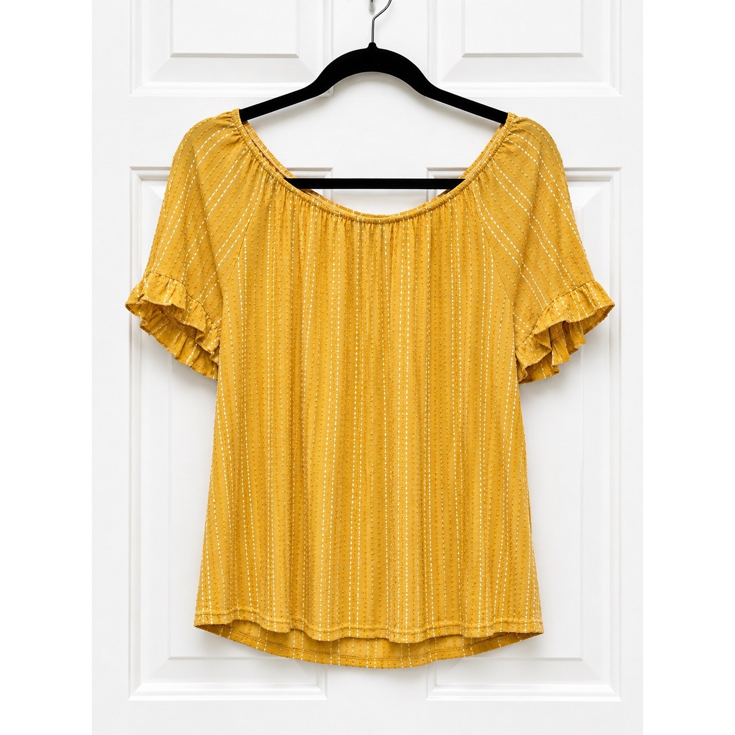 W5 Mustard Yellow Boho Peasant Top Flutter Sleeve Crinkle Textured Blouse Large