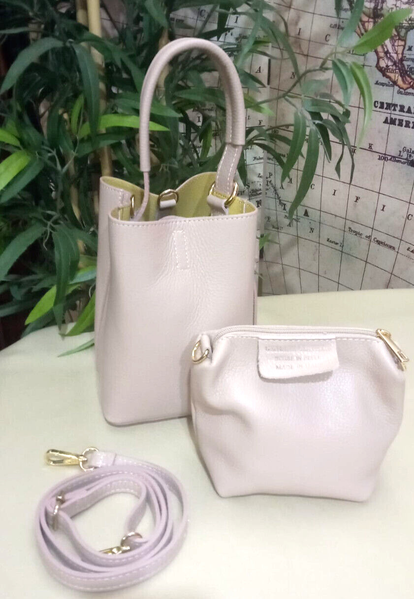 Quadro Bucket Bag with Pockets and Shoulder Strap Color Nude GENUINE LEATHER Made…