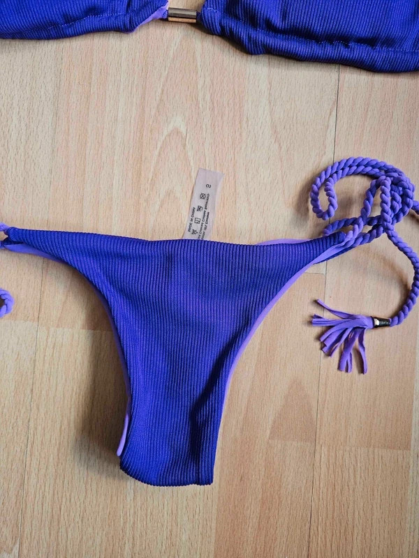Shein Ribbed Fabric Handwoven Tassel Halter Neck Purple Bikini Set