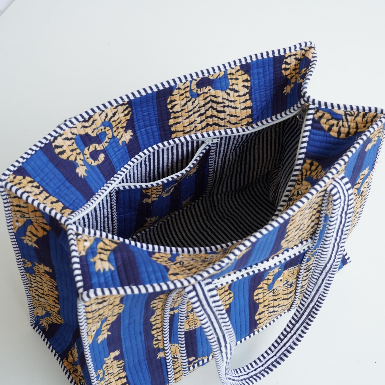 Handmade Cotton Tote Bag Blue Tiger Print Quilted Indian Travel Shopper Bag