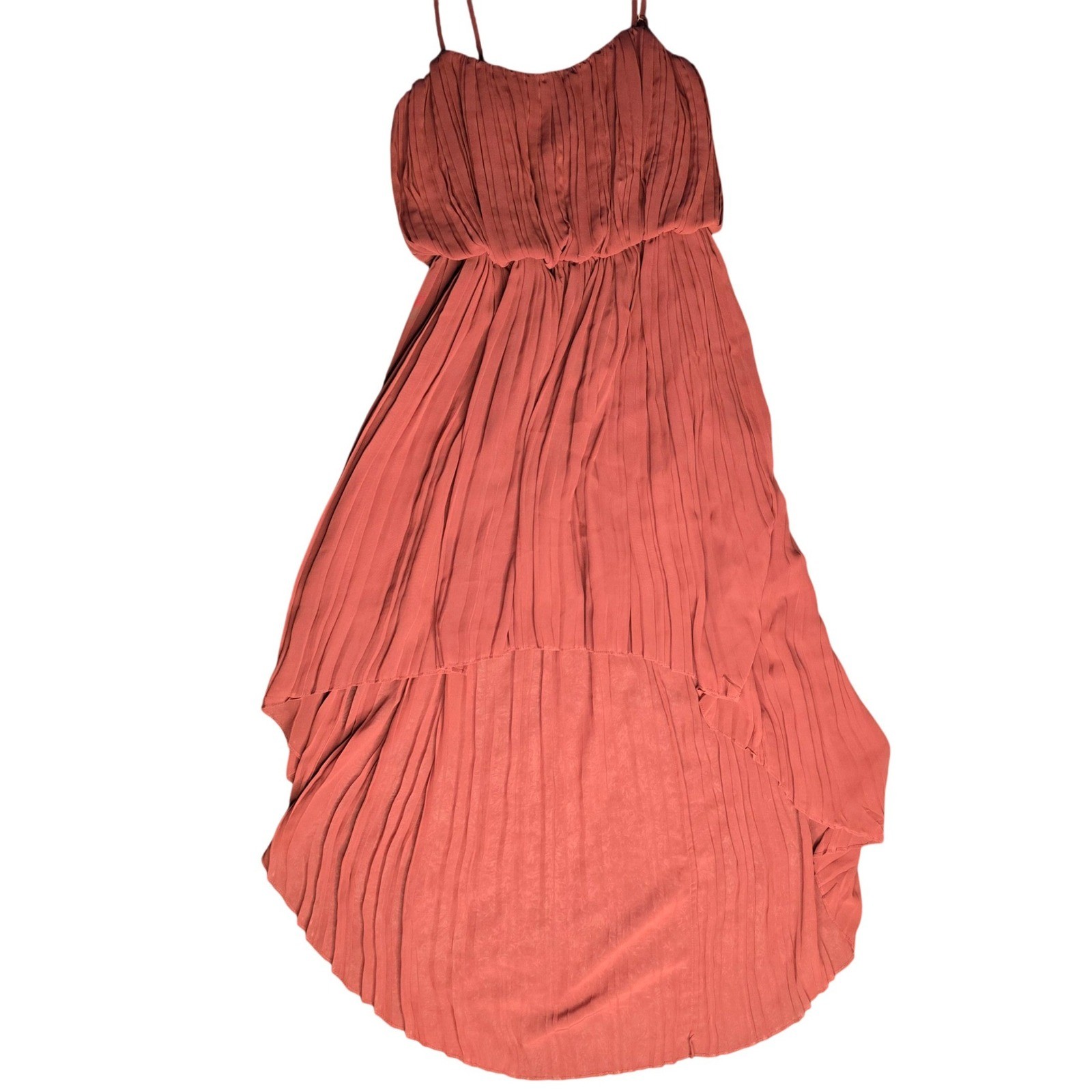 BCBGeneration Rust Pleated High-Low Maxi Dress XS Terracotta Spaghetti Strap