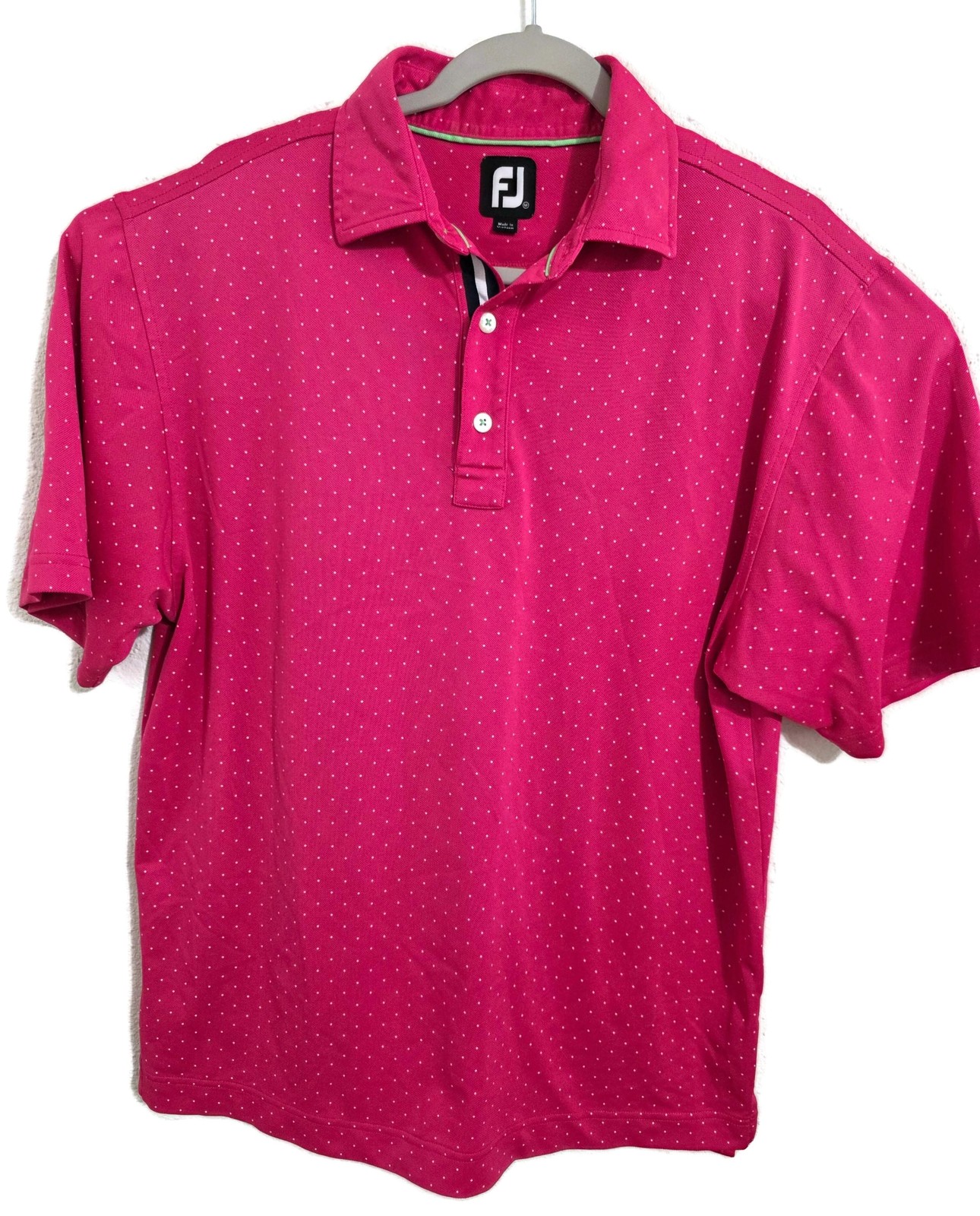 FootJoy Polo Shirt Mens Large Pink Polka Dot Golf Performance Stretch Knit