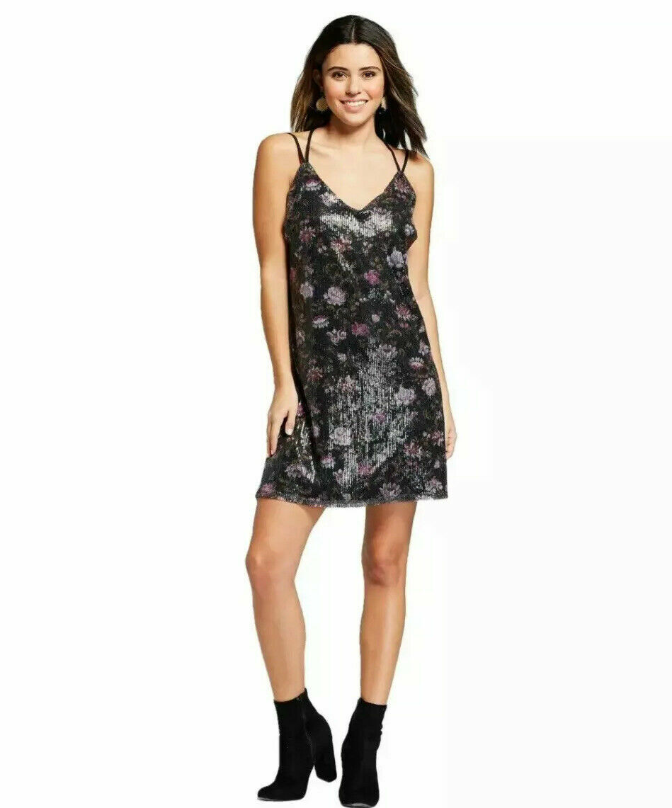 Sequin Dress Black Floral Juniors Sz M Spaghetti T-Strap V-Neck Xhilaration