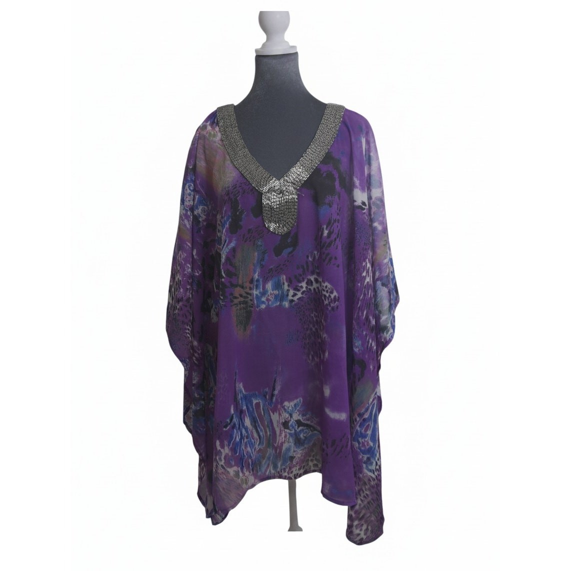 Joan Boyce Purple Animal Print Caftan Tunic OS Beaded Lagenlook Artwear