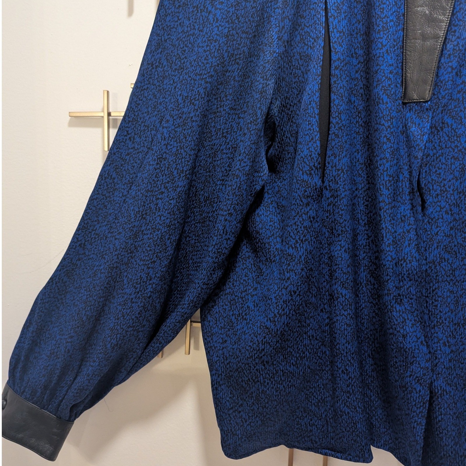 VTG 80’s Designer Silk Leather Trim Blouse & Skirt 2 Pc Set Black Cobalt Sz 10