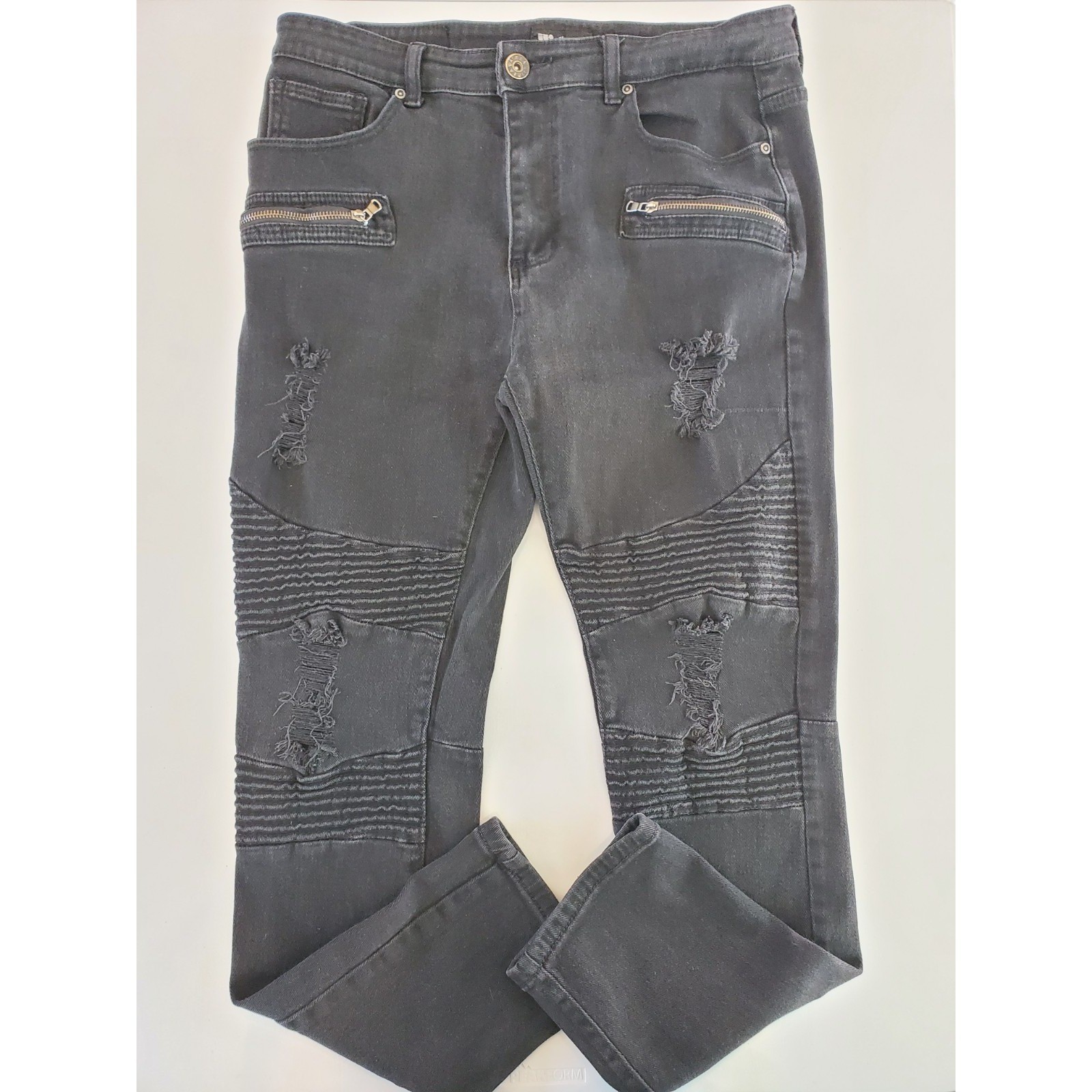 Waimea Mens 36×32 Skinny Fit Moto Jeans Black Distressed Biker Ribbed Denim