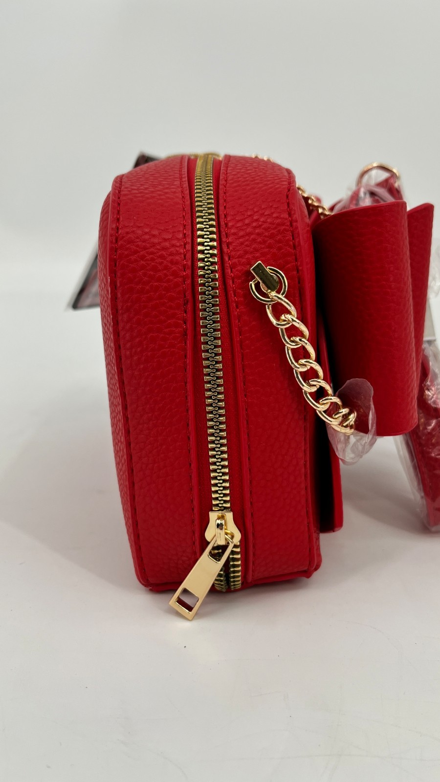 Crossi Chloe Bow Crossbody Red Faux Leather Zip Closure Chain Strap Logo