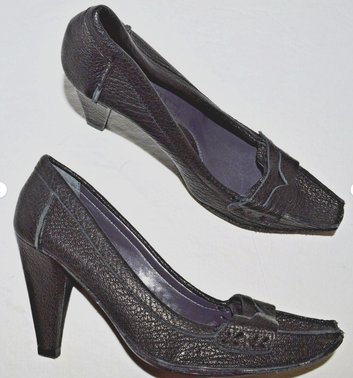 JESSICA BENNETT SZ 6.5 M BLACK PEBBLED LEATHER PENNY LOAFER PUMPS HEELS DRESS