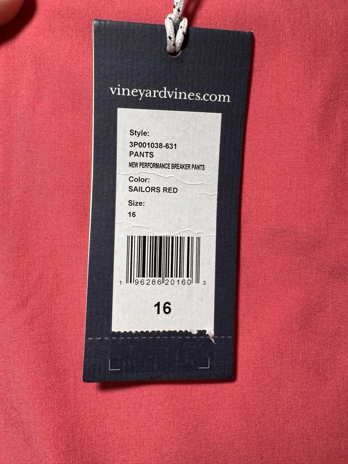 Vineyard Vines Youth Performance Breaker Pants Coral Sailors Red Size 16 NWT