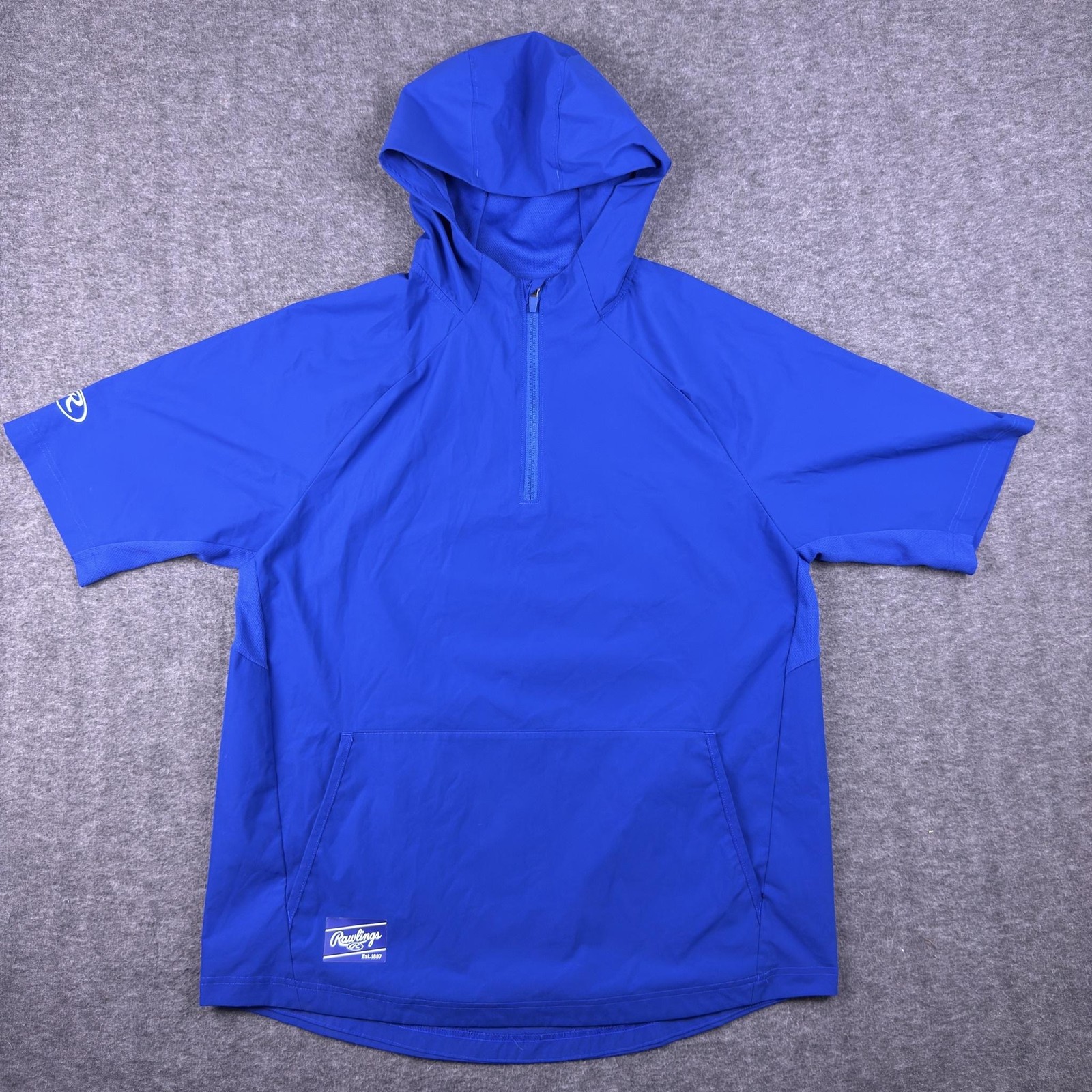 Rawlings Jacket Mens Large Blue Hooded 1/2 Zip Short Sleeve Baseball Windbreaker