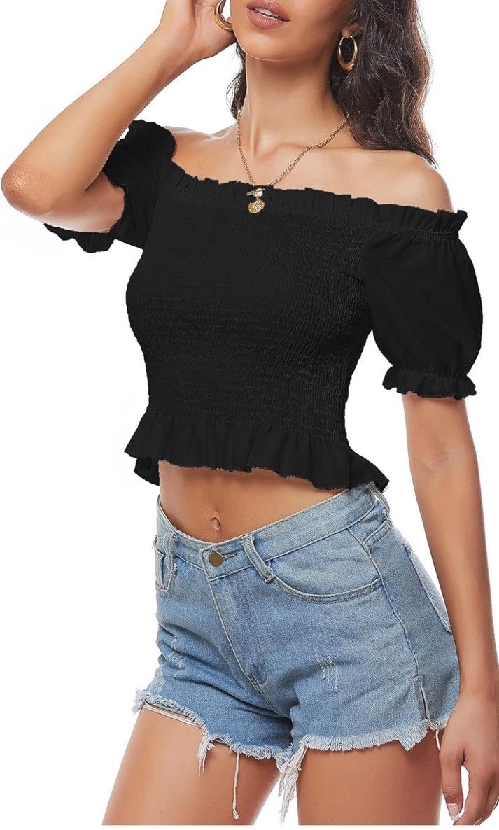 LYANER Women’s Off Shoulder Shirred Short Sleeve Crop Blouse Tee Top Large