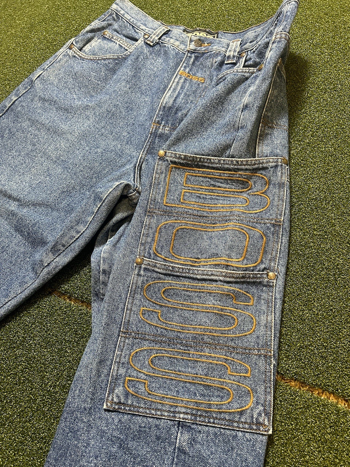 Vintage 90’s BOSS Baggy Embroidered Jeans Gold Retro 34×30 Skate Grunge Hip Hop