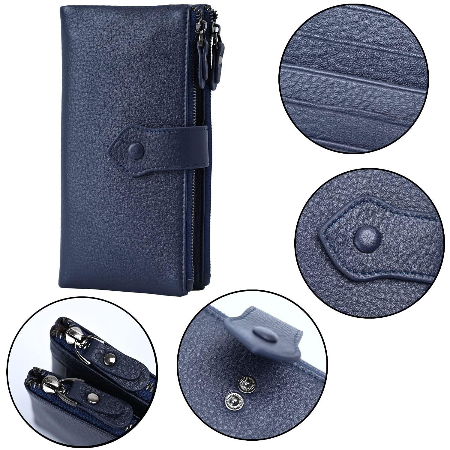 Bveyzi Women Soft Leather RFID Blocking 7.48″L x 3.54″W x 0.86″H, Deep Blue