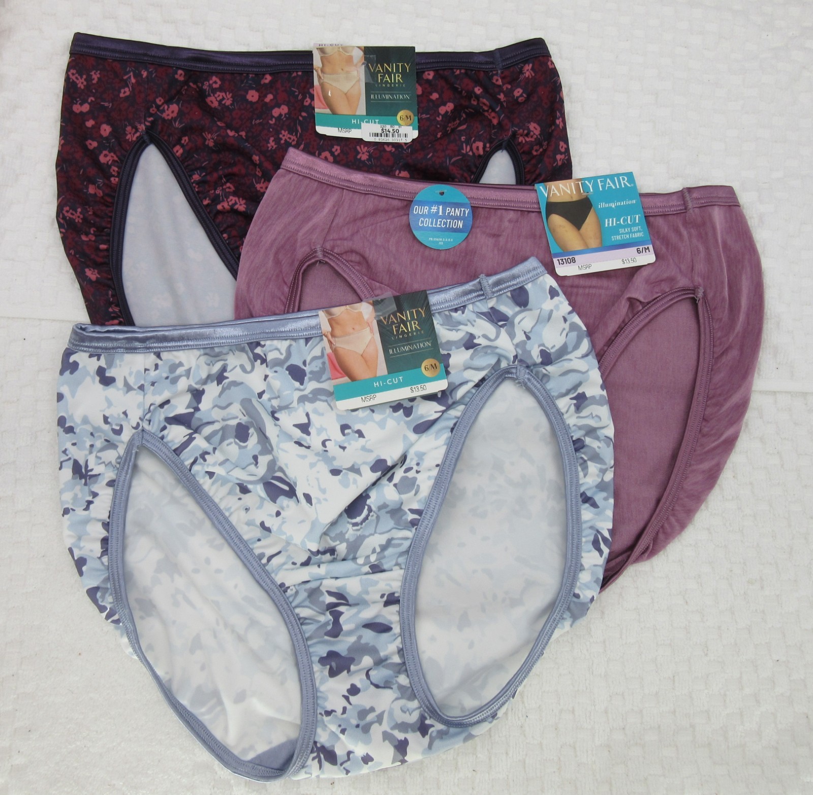 NWT set /3 VANITY FAIR ILLUMINATION HI CUT 13108 MAUVE BLUE FLOWER COSMO GARDEN