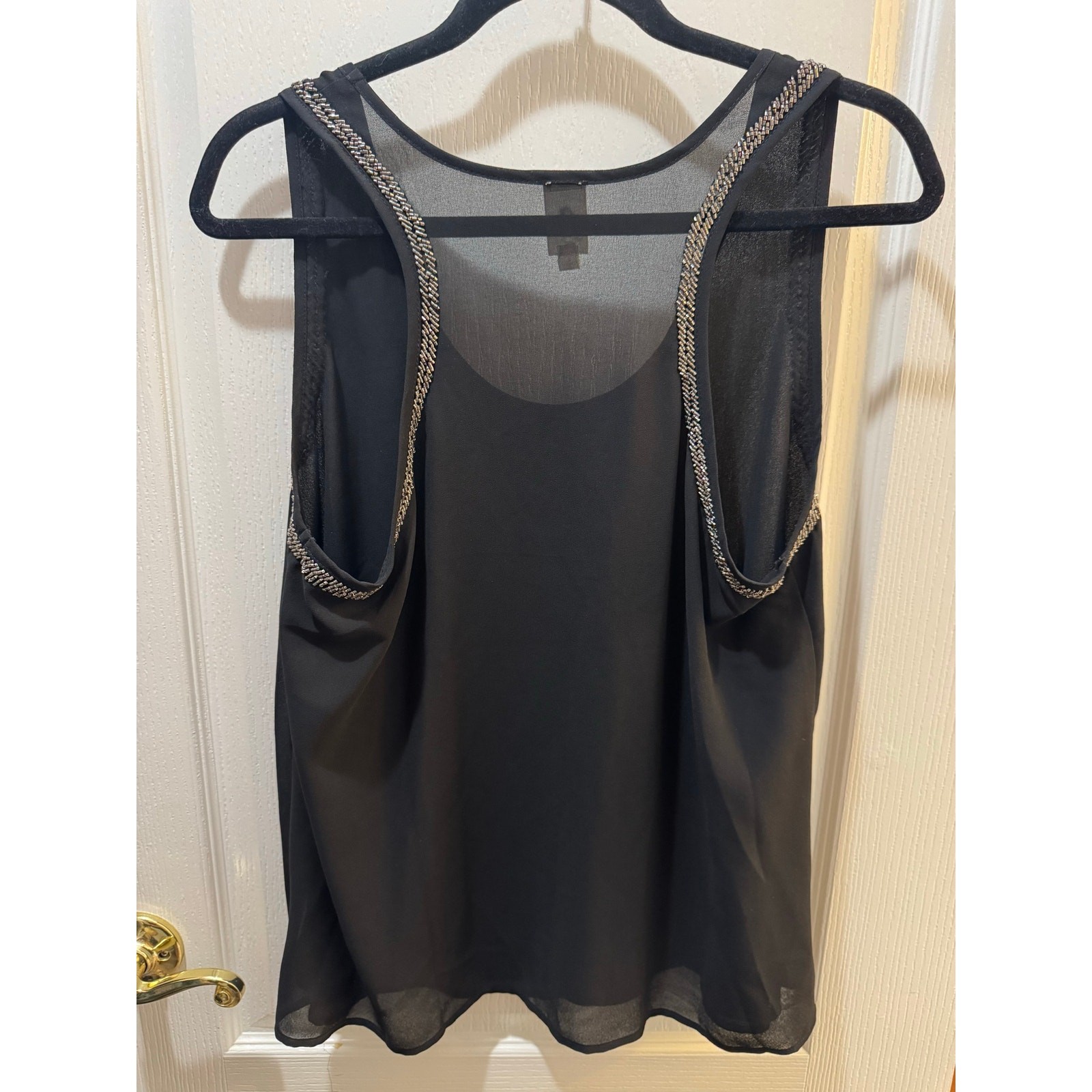Flawless Black Embellished Shoulder Tank Top Sheer Overlay Size L