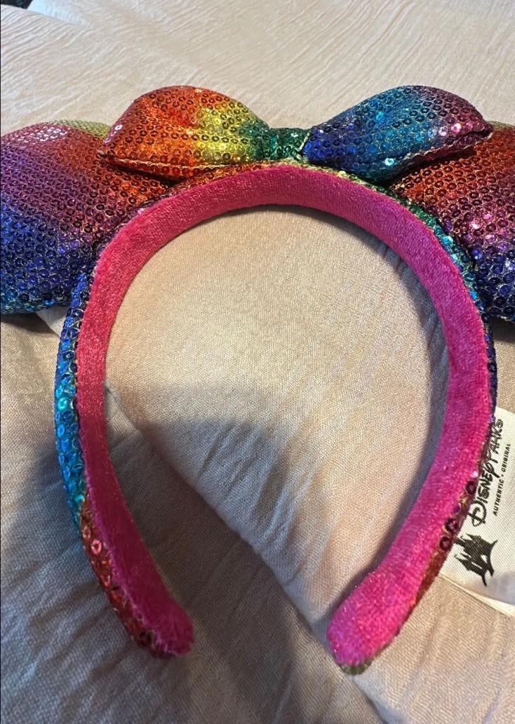 Disney Parks Rainbow Sequin Minnie Mouse Ears Bow Headband Multicolor Pink