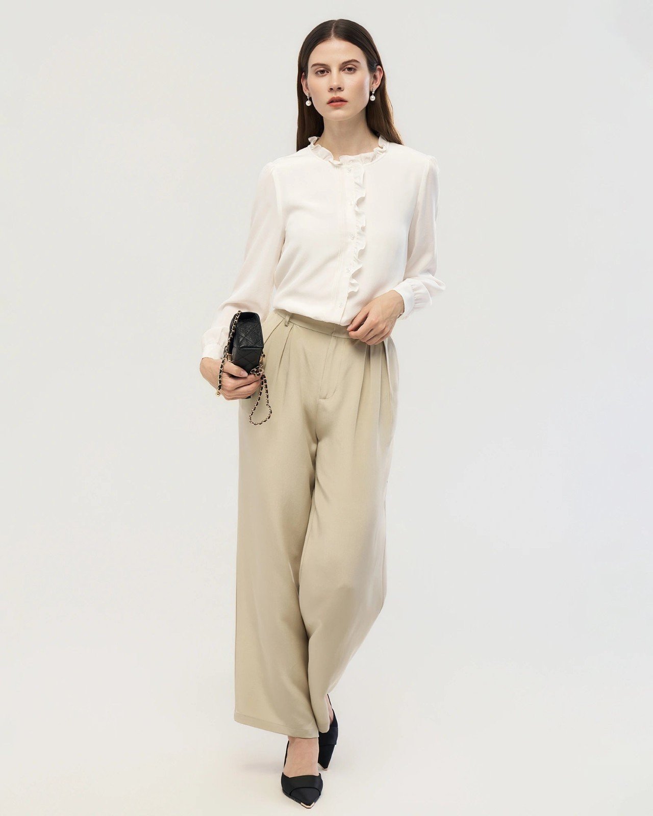 Long Sleeve Silk Blouse with Ruffle Trim