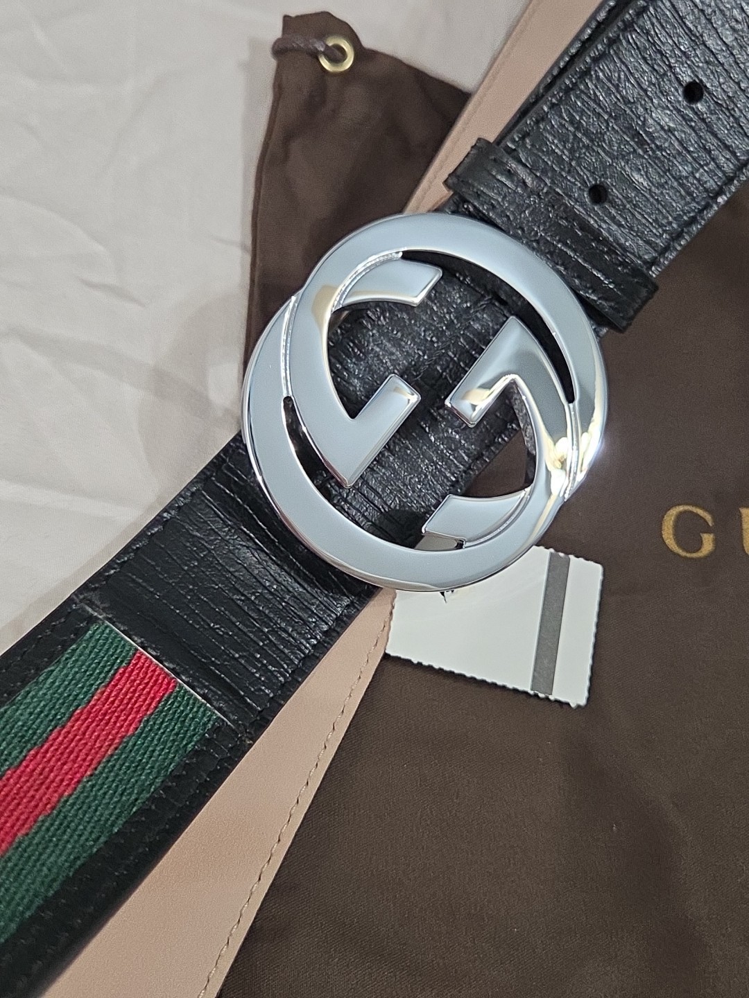 Gucci Black Green Red Striped Belt Size 38-40 IT 110CM Silver Buckle