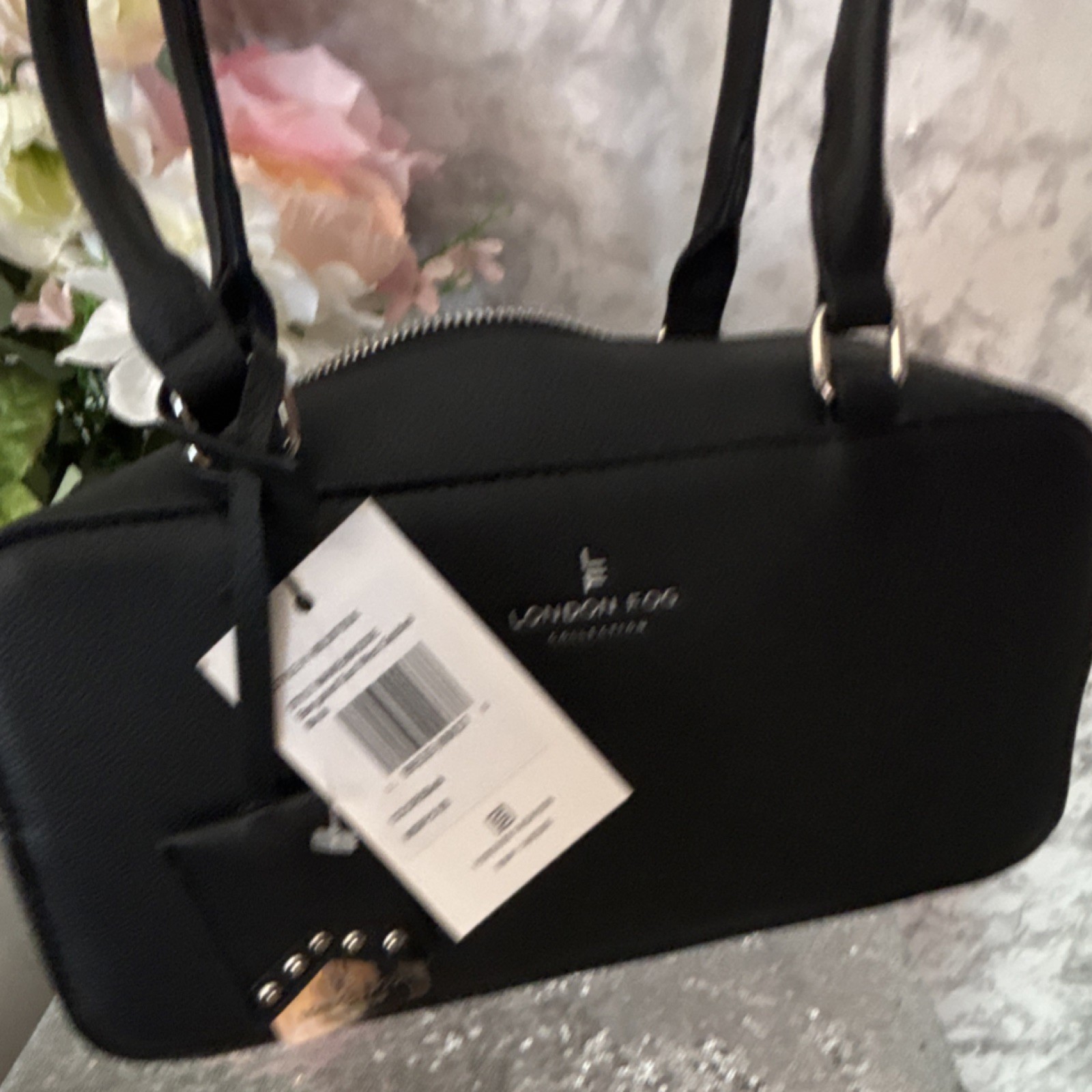London Fog Black Satchel Top Handle Zip Closure Detachable Strap Silver Hardware