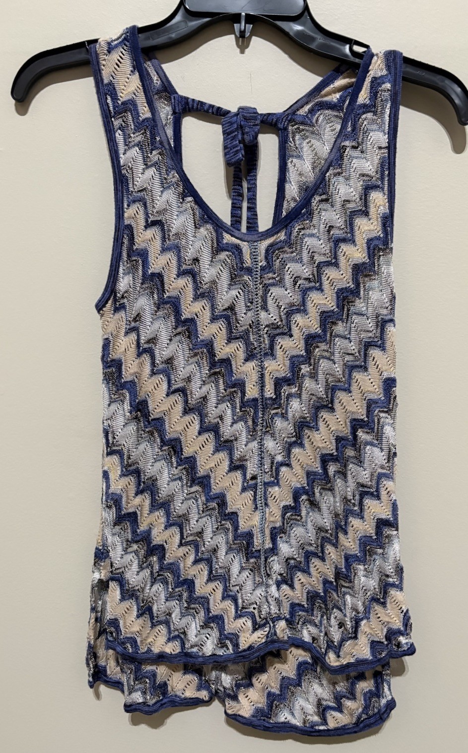 WHBM Crochet Tank M Blue Tan Chevron Halter Boho Beach Lightweight Top