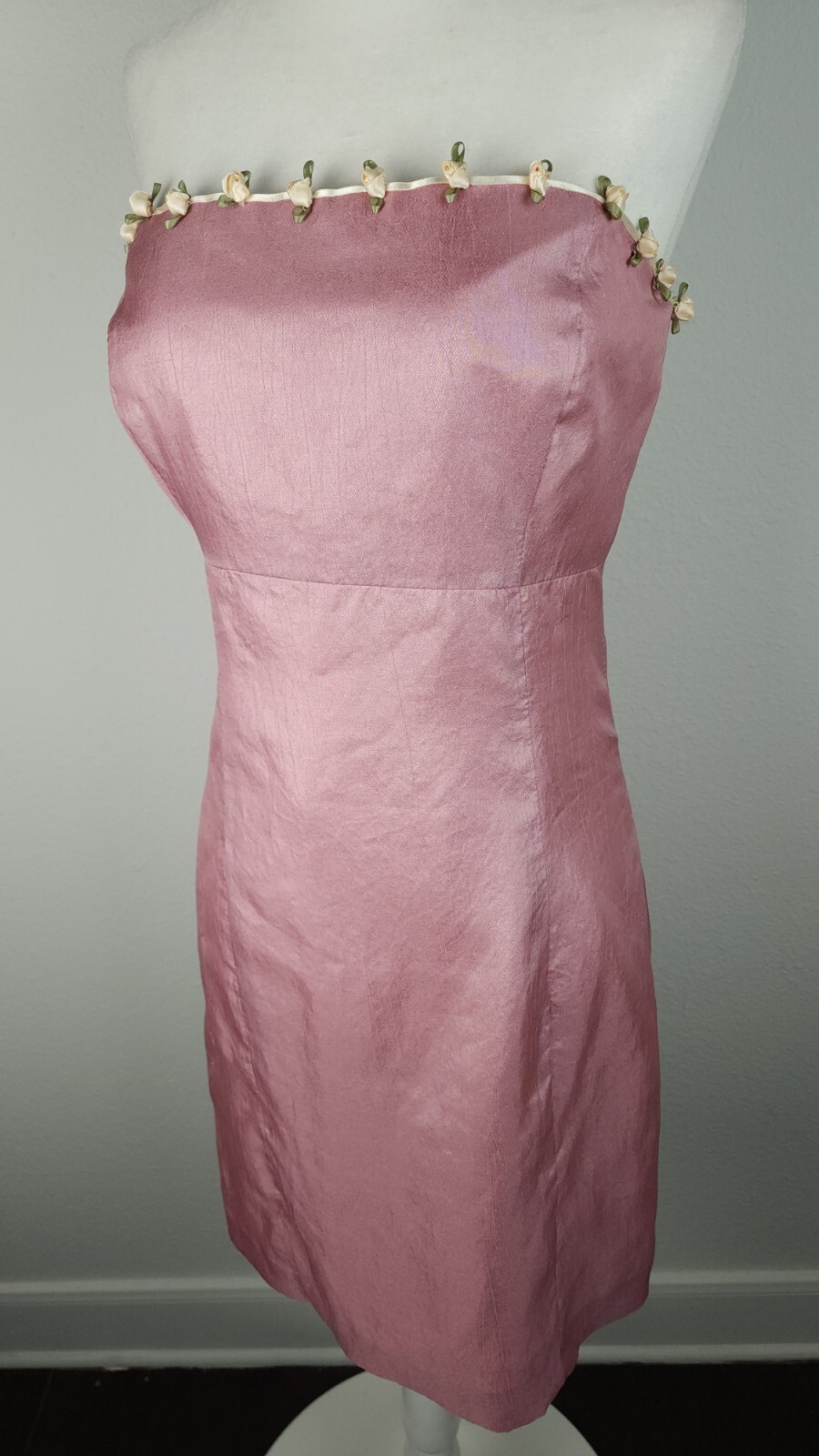 Vintage 90s Pink Silk Satin Rosebud Dress Strapless Ivory Ribbons Homemade ~M
