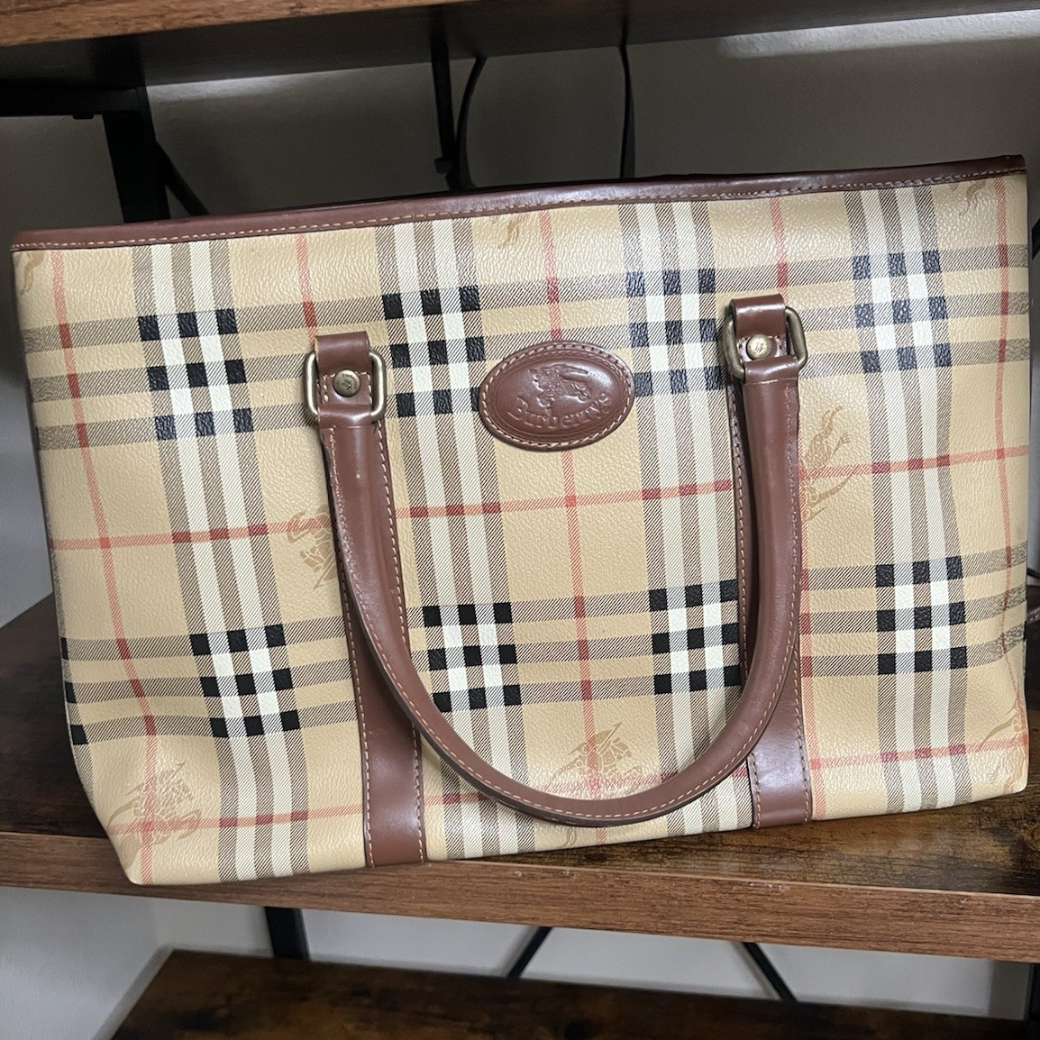 Burberry Beige Nova Check Tote Bag Brown Leather Double Handles Bottom Studs