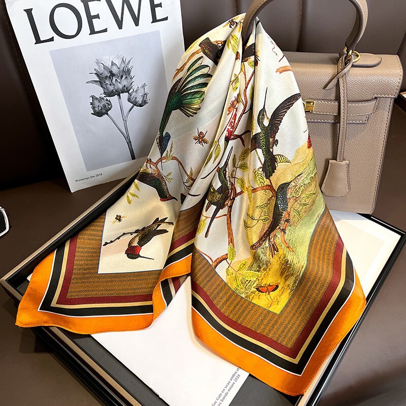 100% Silk Scarf Women Vintage Orange Bird Kerchief Square Bandana Wrap 65*65cm