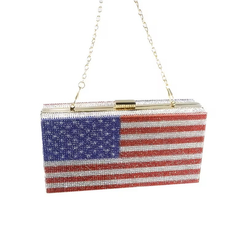American Flag Rhinestone Evening Clutch Purse Crossbody Patriotic USA Handbag