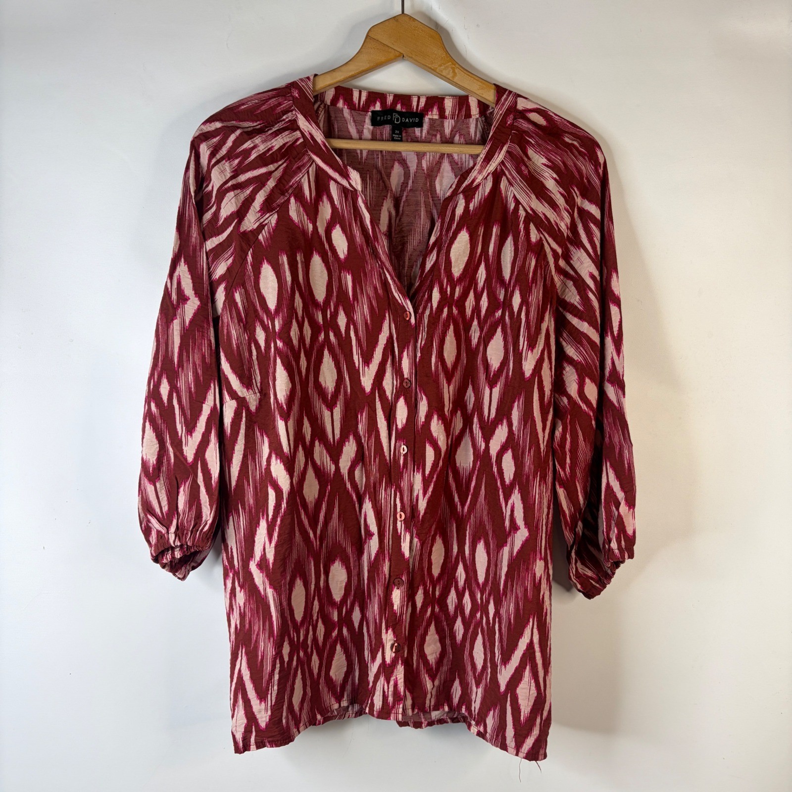 Fred David Blouse Women 2X Burgundy Pink Ikat Print Button Front 3/4 Sleeve