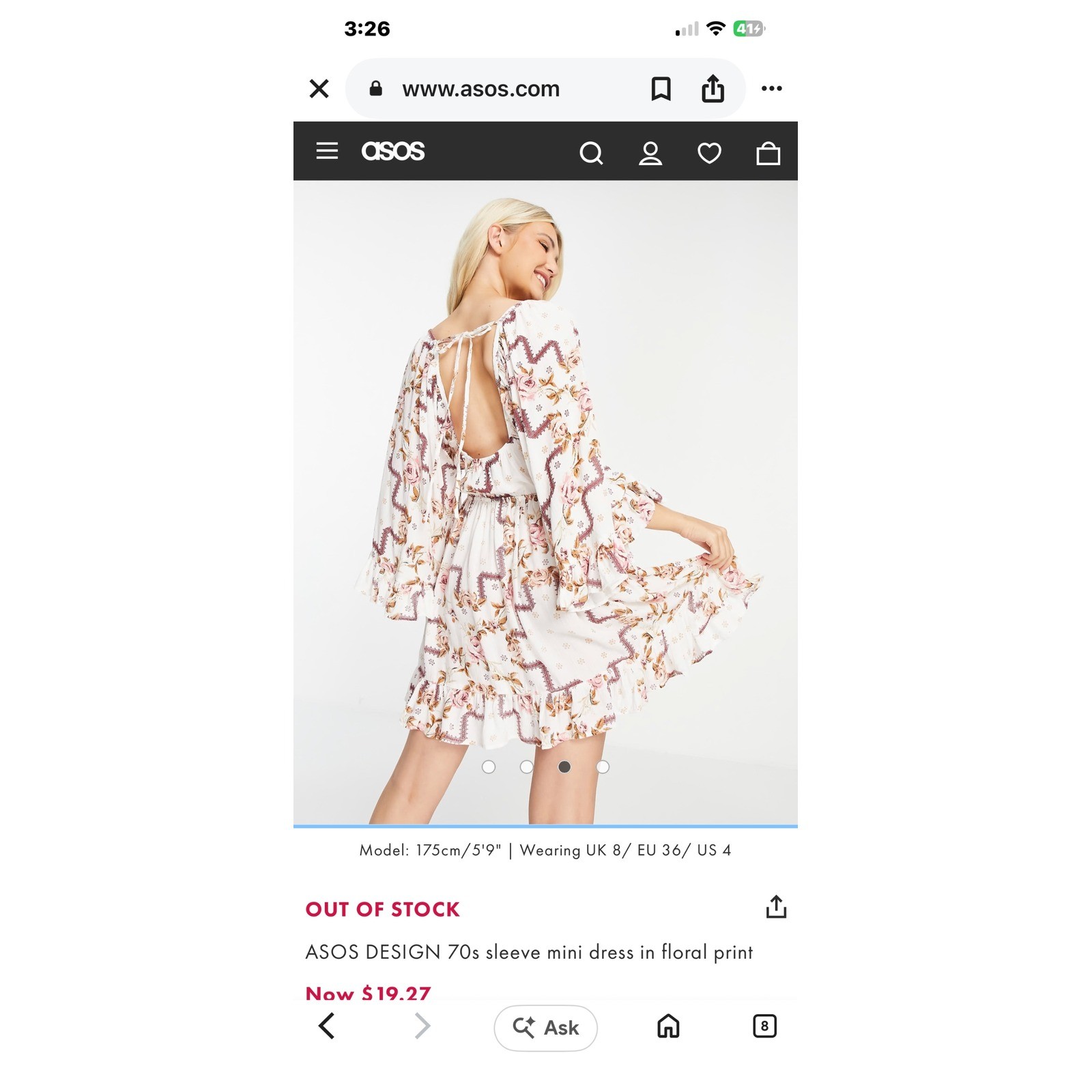 ASOS DESIGN 70s Sleeve Mini Dress Floral Print Boho Ruffle White Pink US 14