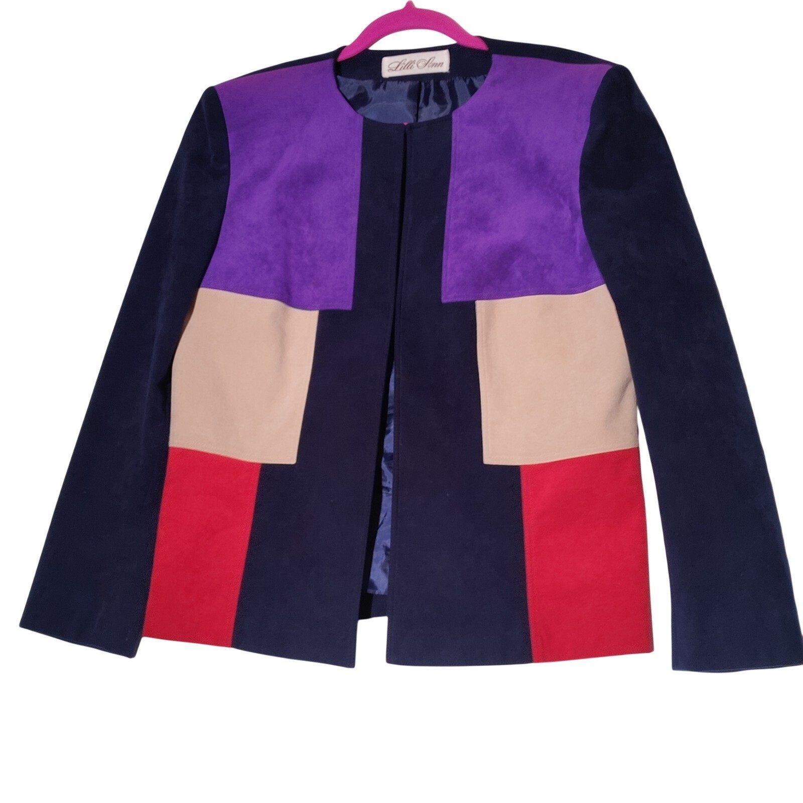 Lilli Ann Purple Red Cream Colorblock faux ultrasuede lined JACKET