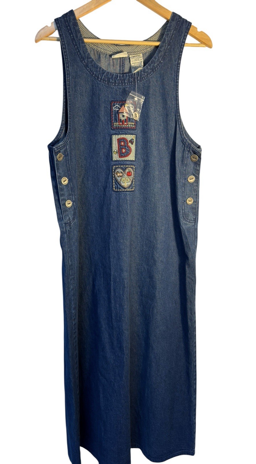 Vintage Denim Jumper Dress Cottagecore Button Side Midi 6 Teacher Grandma