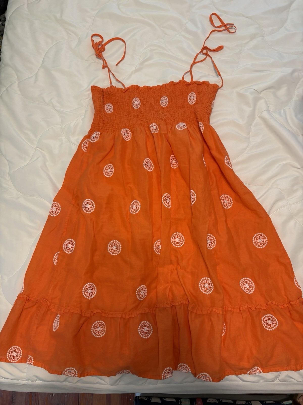REW Orange White Embroidered Smocked Midi Sundress Sleeveless Pullover M