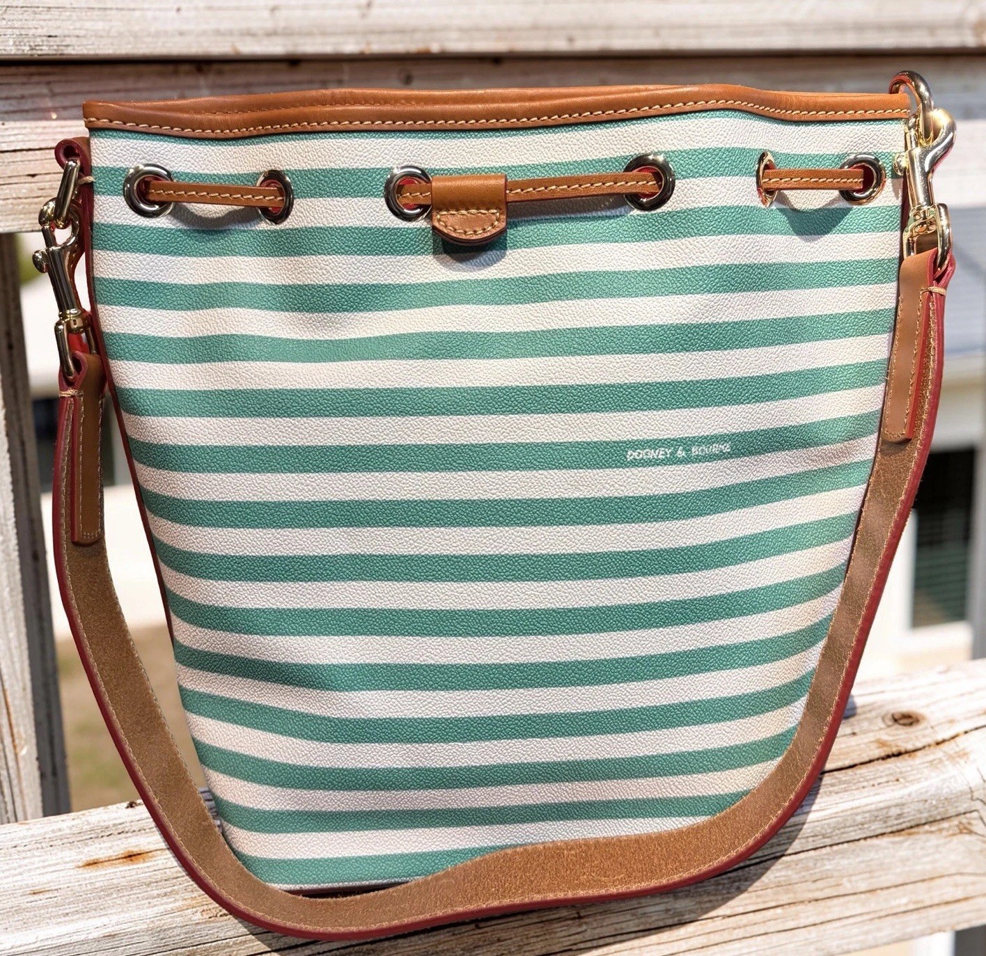 Dooney Bourke Sullivan Stripes Seafoam Spearmint Green Drawstring Bucket Bag