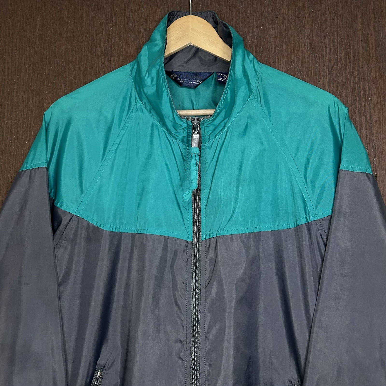 Vintage 80s Columbia Color Block Windbreaker Jacket Mens Medium Nylon Teal Grey