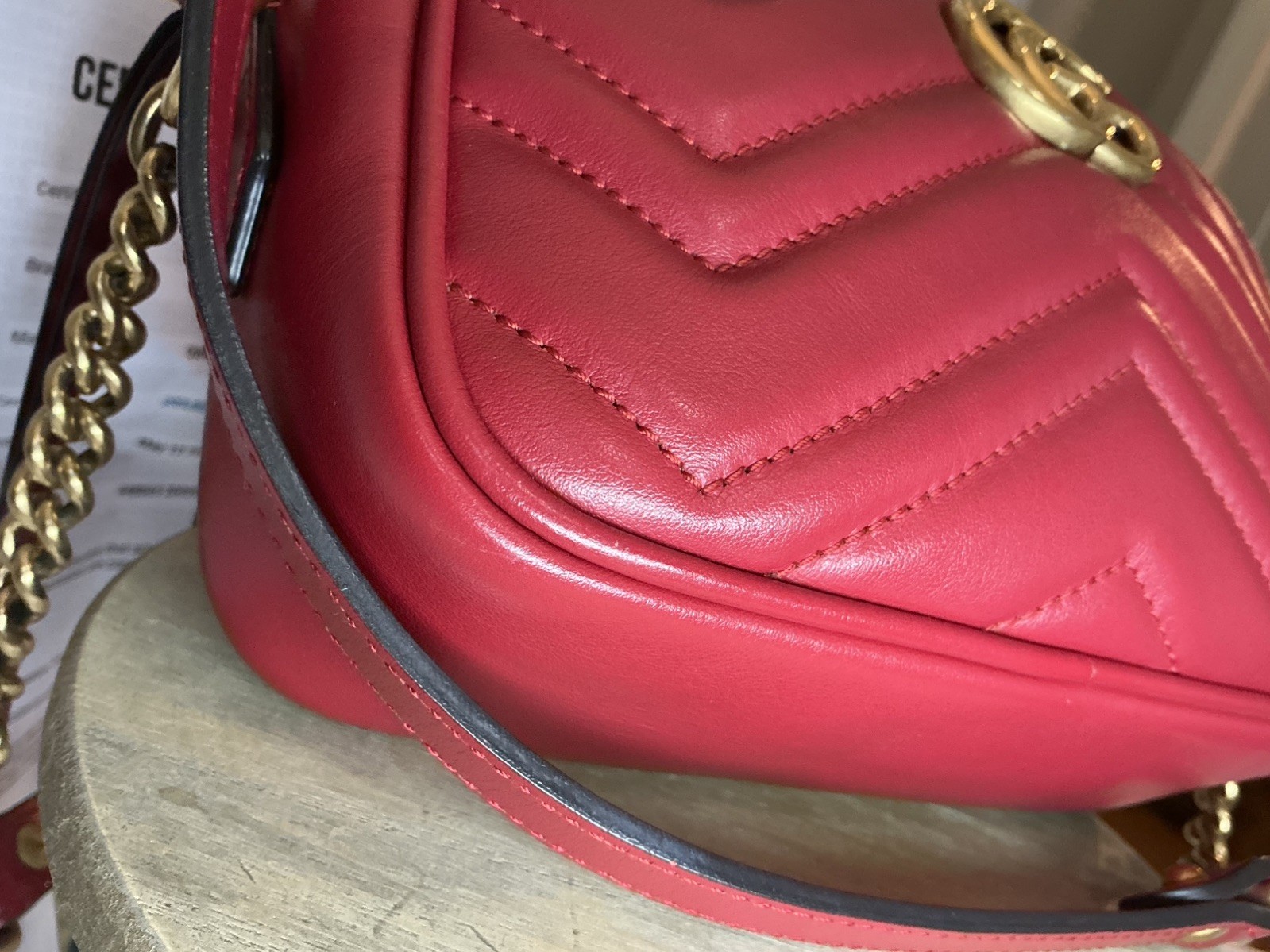 Authentic Gucci GG Marmont 2.0 Red Leather Chevron Camera Crossbody w COA