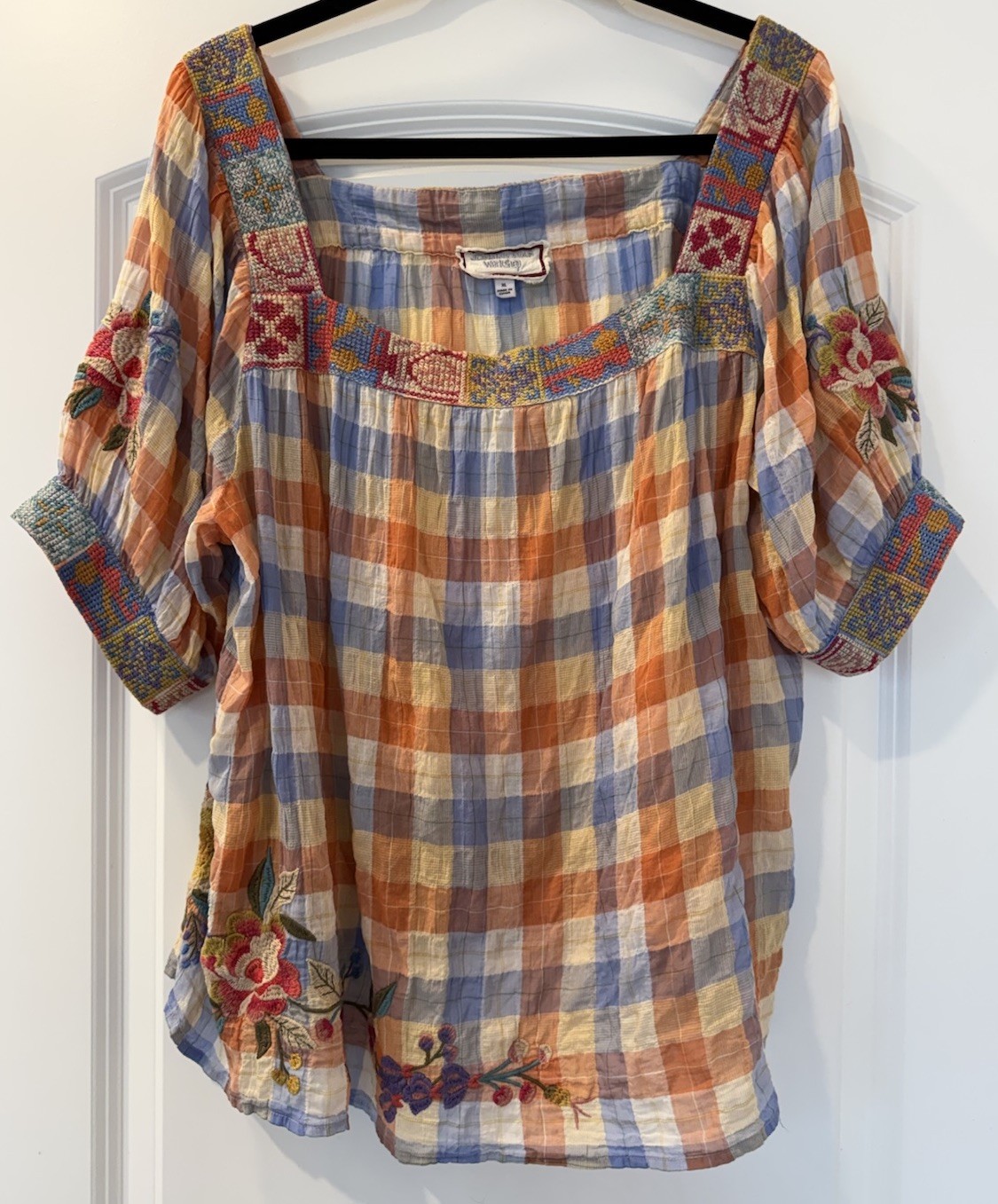 NWOT Johnny Was Embroidered Top Petunia Square Neck Needlepoint Plaid XL New